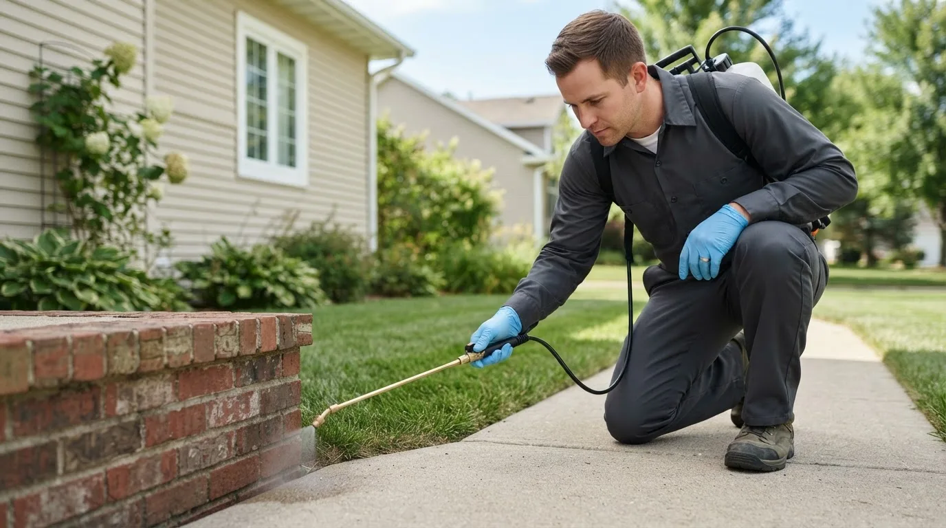Pest control technician treating a home near New Hampton, MO