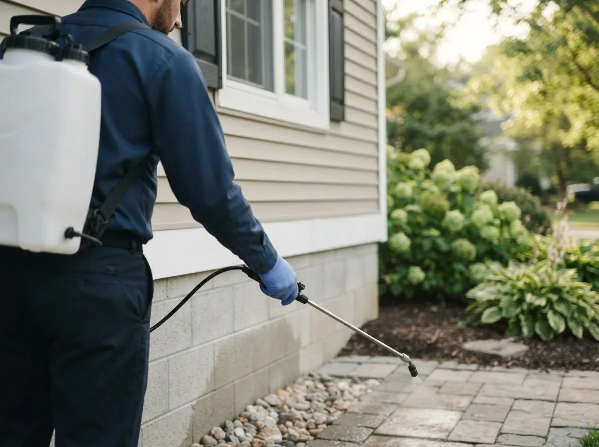 Pest control technician inspecting a home in New Hampton, MO